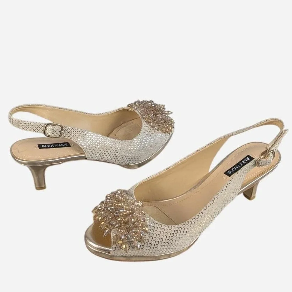 Alex Marie Marla Sand Gold Crystal Beaded Slingback Kitten Heel Size 6